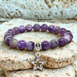Amethyst Gemstone Charm Bracelet - 8mm Stretchy Crystal Jewelry